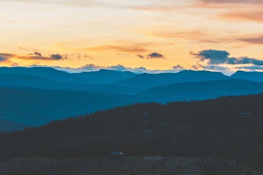 mountain during sunset, forest and mountains during sunset, view HD wallpaper