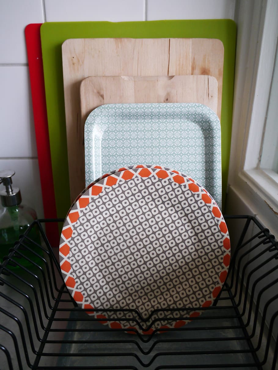 dishes, tray, kitchen, indoors, seat, chair, no people, absence HD wallpaper