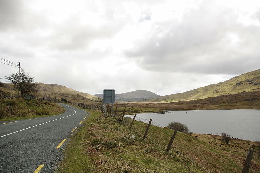 connemara, road, lake, cloud - sky, water, transportation, mountain, HD wallpaper