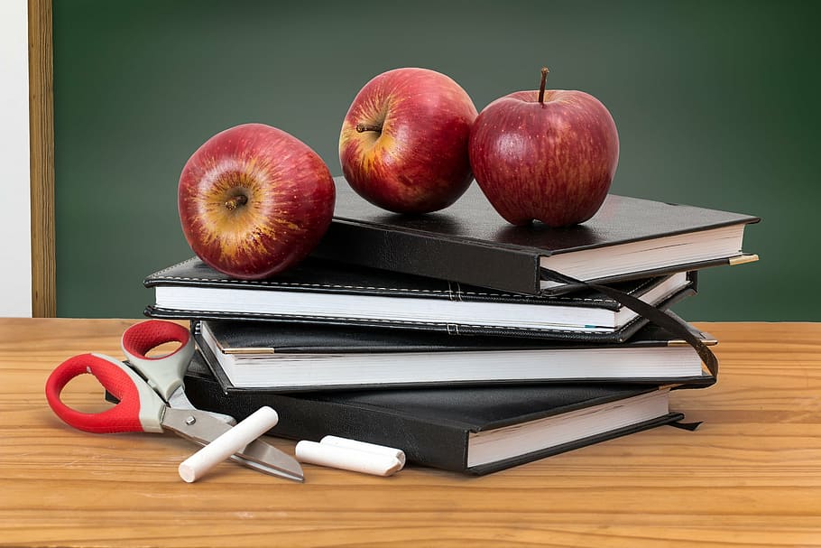 ripe apples on notebook pile, school, books, blackboard, green board