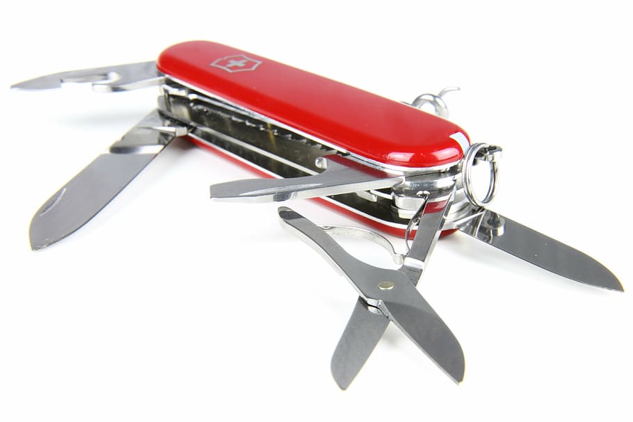 red and silver Swiss multi-tool pliers, army, blade, compact HD wallpaper