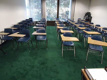 school chair with desk inside the classroom, tables, chairs HD wallpaper
