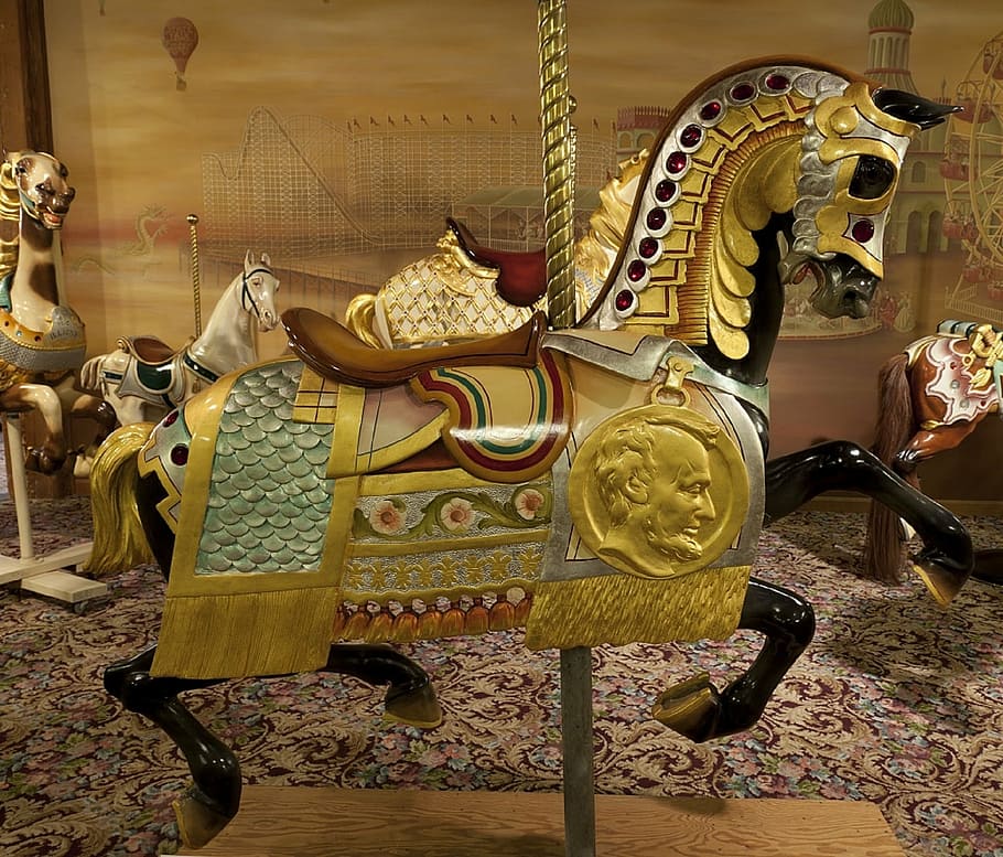 multicolored carousel figurine, horse, wooden, retro, nostalgic, HD wallpaper
