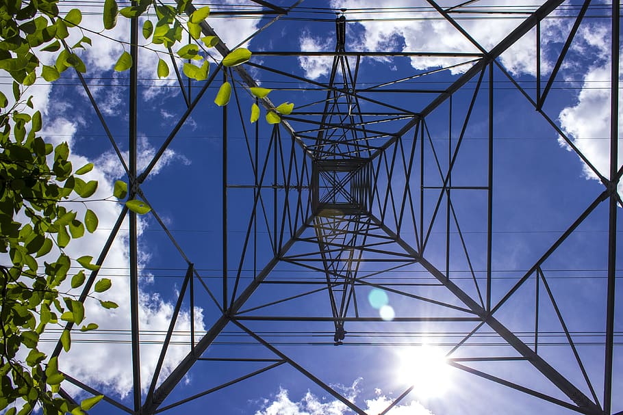 sky, blue, electric, tower, light, power, high, steel, clouds HD wallpaper