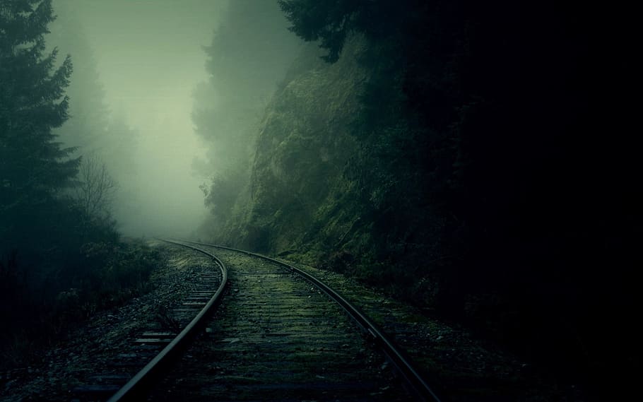 dark, rail, landscape, railroad track, fog, direction, rail transportation HD wallpaper