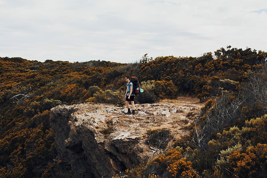 man on top of landscape, man standing on mountain, hike, walking HD wallpaper