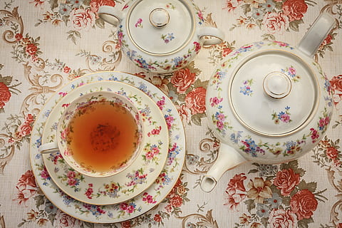 white and multicolored floral ceramic tea set, tea time, from above HD wallpaper