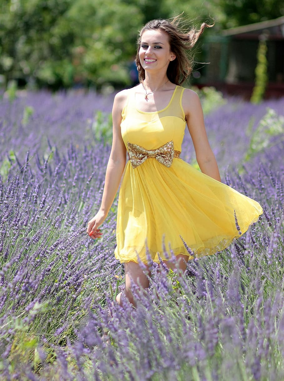 Public Domain. woman in dress standing on flower field, girl, lavender, yel...
