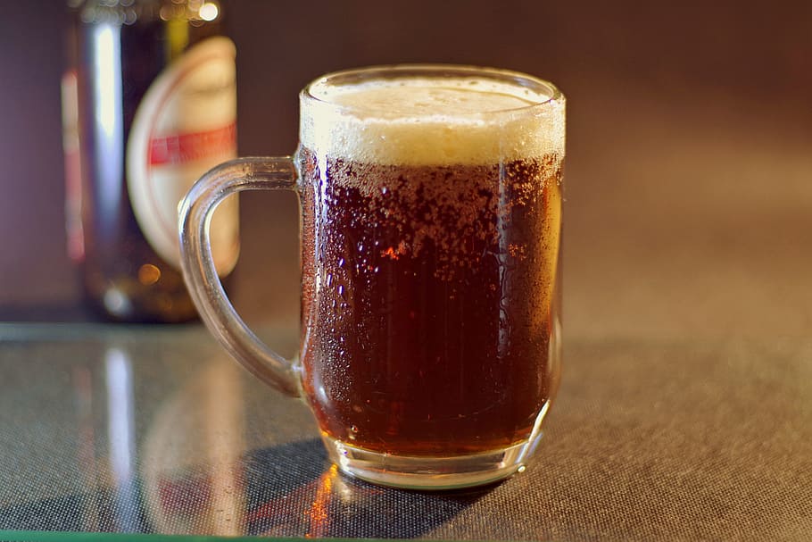 clear glass mug with brown liquid, Beer, Dark, Pint, Mousse, Caramel