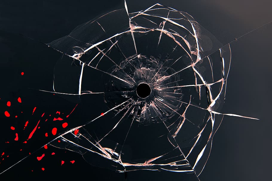 broken black glass, bullet, blood, shot, bullet hole, injury