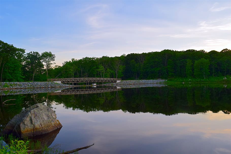 lake, sunset, water, rock, landscape, sky, nature, reflection HD wallpaper