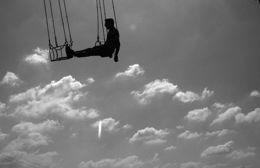 silhouette of man hanging on air, cloud, swing, fly, tips, sky HD wallpaper