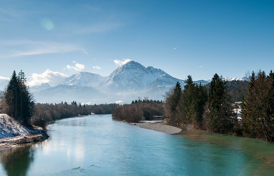 river surrounded by pine trees, birds eye photography of white mountain HD wallpaper