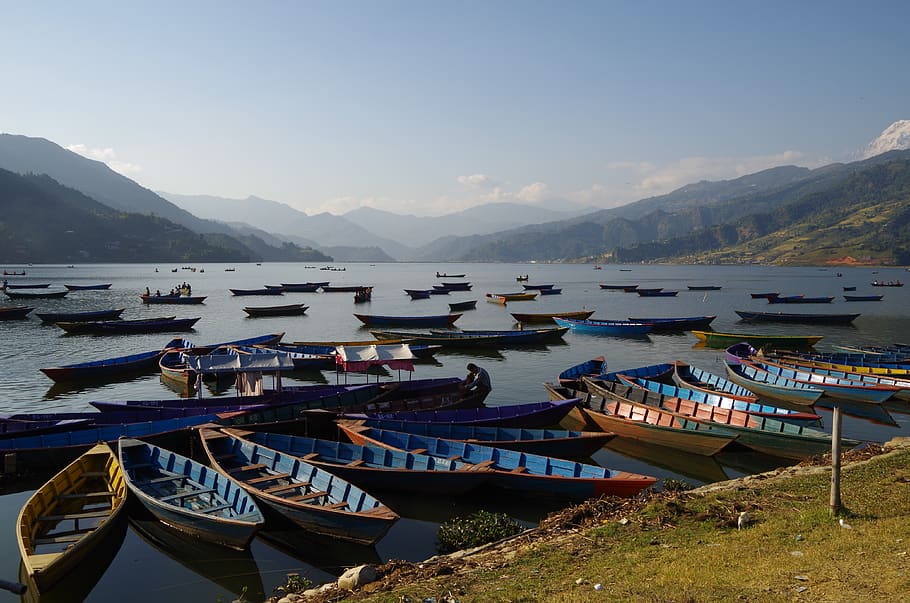 lake, boats, pokhara, nepal, mountain, water, mountain range, HD wallpaper