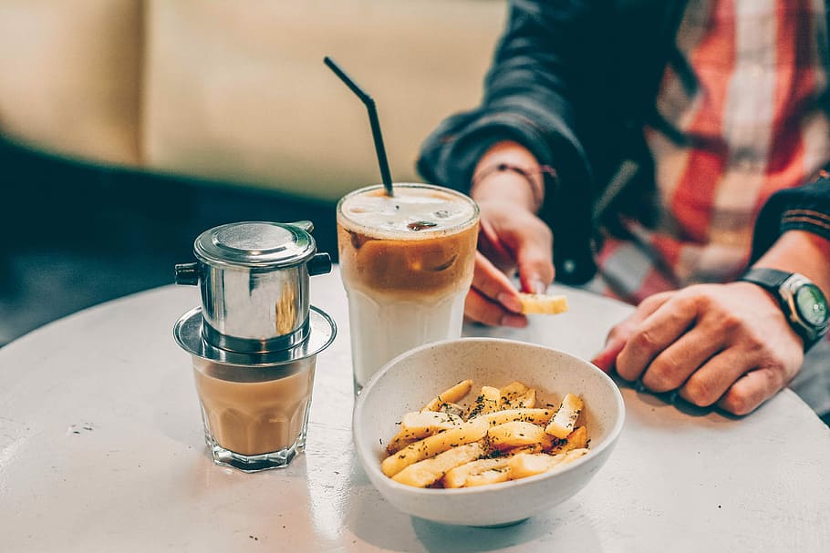 French fries and shake on table, cafe, coffee, chips, hands HD wallpaper