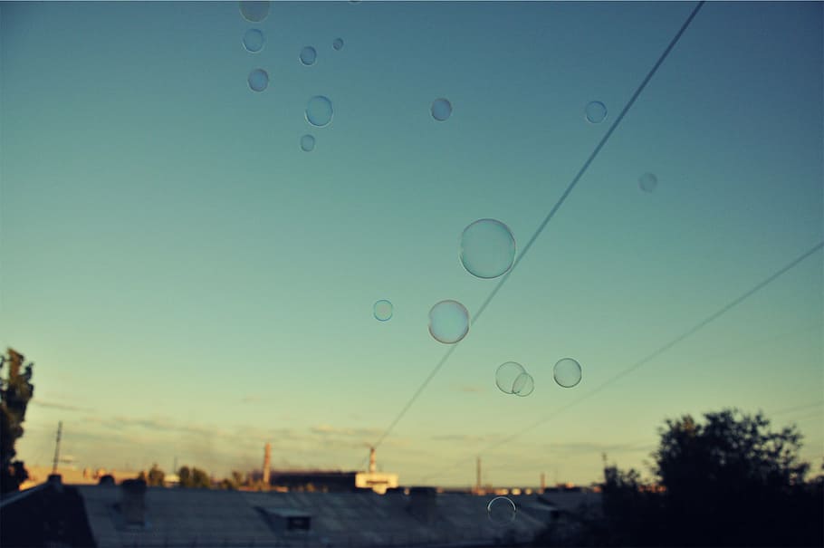 bubbles under blue sky, electric, wire, house, no people, fragility HD wallpaper