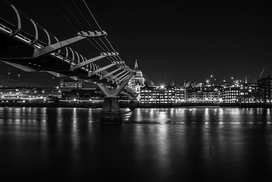 grayscale photo of bridge near cityscape, millennium, london, HD wallpaper