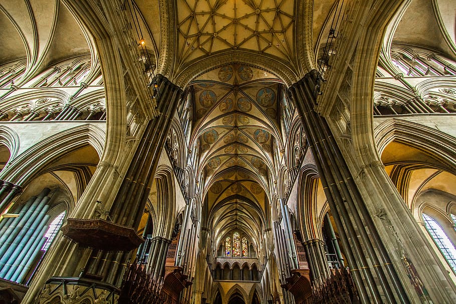 worm's-eye view photography of cathedral, salisbury, architecture