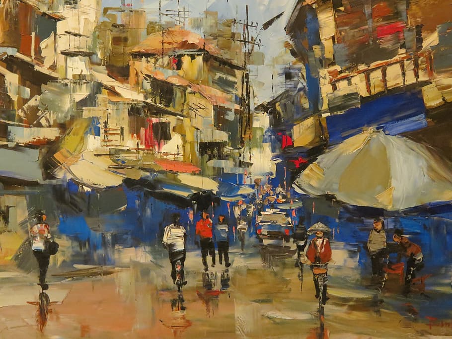 vietnam, hanoi, picture, painting, city, oil paint, art, drawing