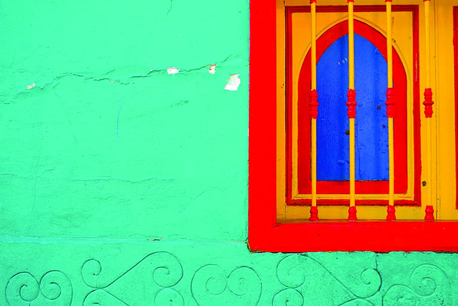 yellow and red window along on green painted wall, yellow and red window illustration, HD wallpaper