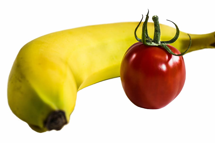 yellow banana and red tomato, fruit, isolated, bananas, tomatoes, HD wallpaper