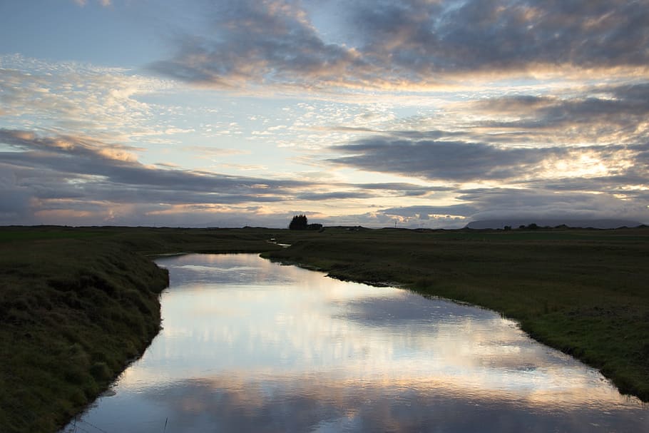 Iceland, Sunset, Mirror, River, dky, clouds, in the evening HD wallpaper