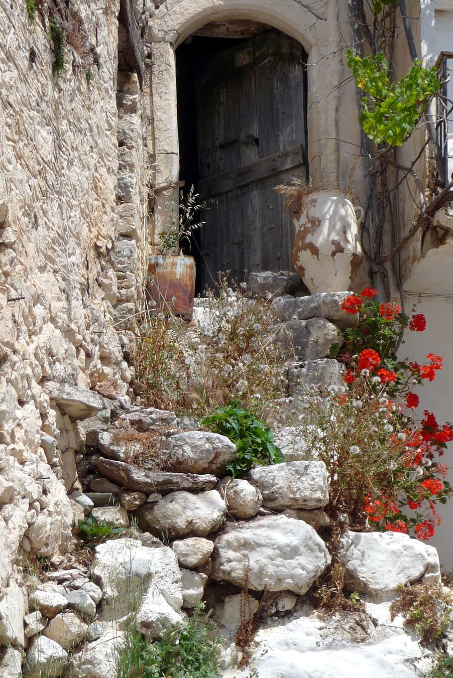 crete, greece, stairs, stone, uins, old, plant, architecture