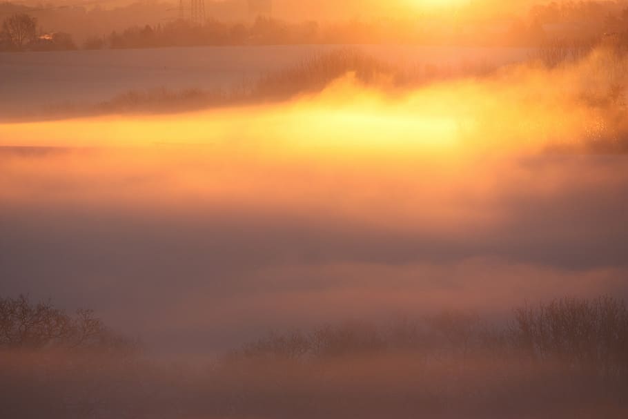 fog, sun, landscape, winter, evening, afterglow, sunset, tranquility HD wallpaper