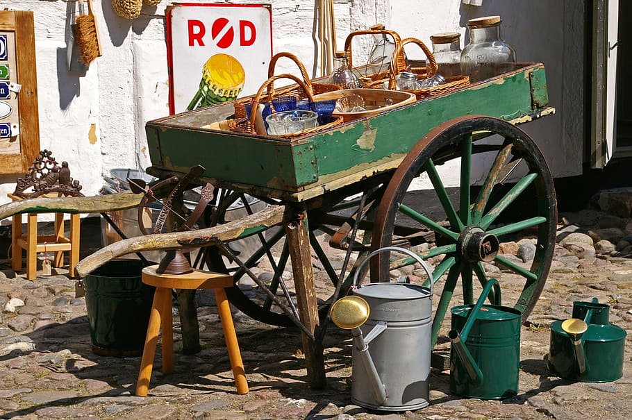 wicker baskets on green wooden trailer, junk, antique, old HD wallpaper
