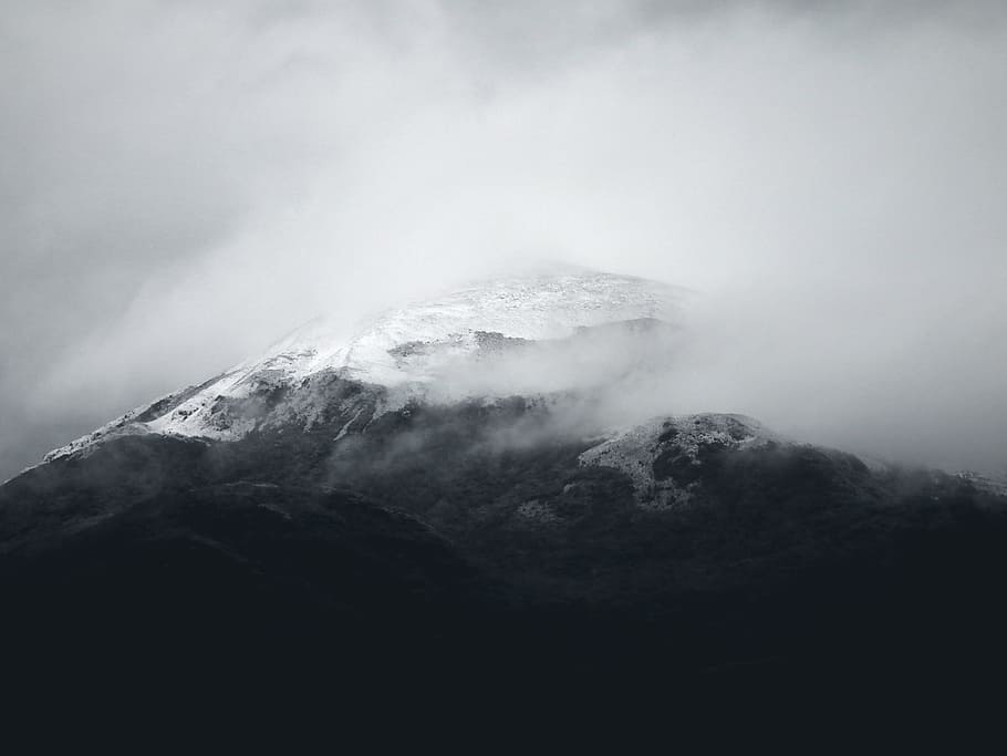 mountain surrounded with fogs, mountain covered with clouds, snow HD wallpaper