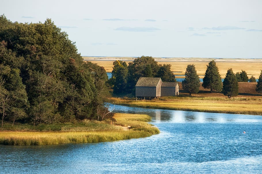 River, landscape, and house at Cape Cod, Massachusetts, photos