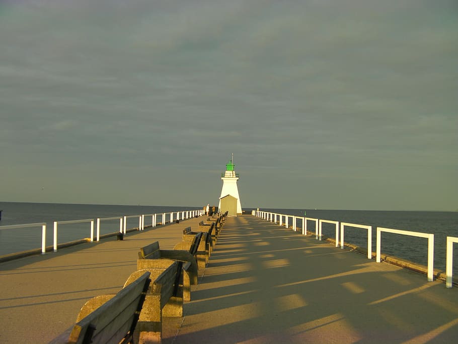 lighthouse, port dover, on, pier, perspective, shadows, sky HD wallpaper