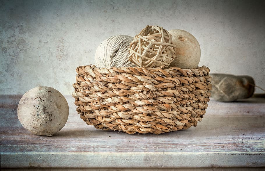basket of ball ornaments inside wicker brown basket, fruits, white, HD wallpaper