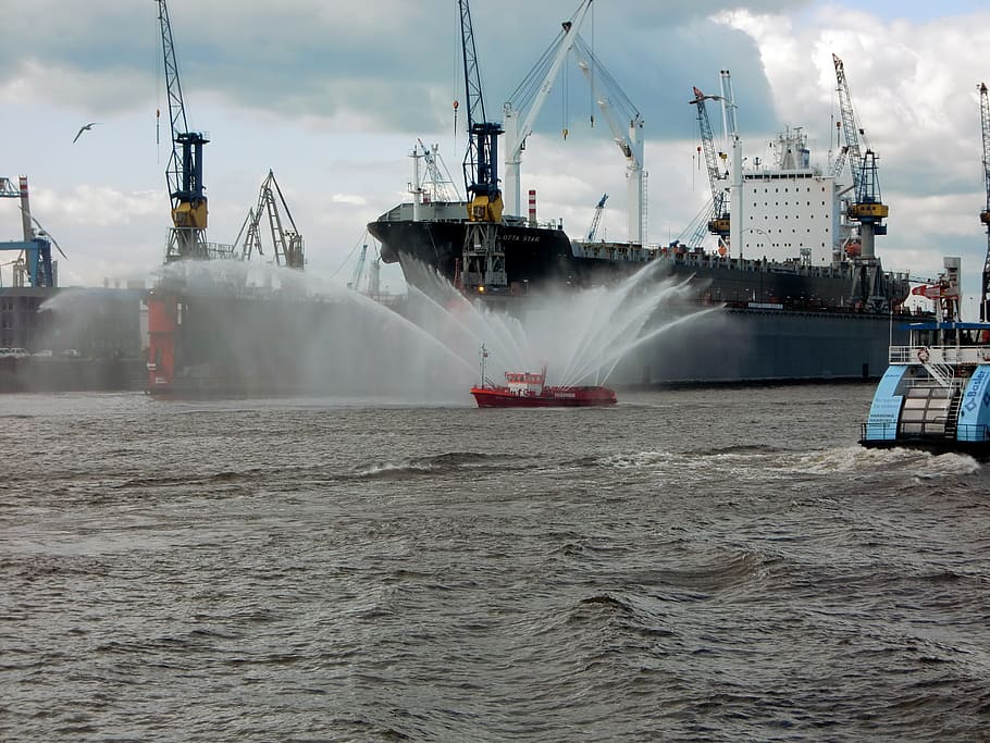 shipping, port, fire, delete, elbe, hamburg, water, fireboat HD wallpaper