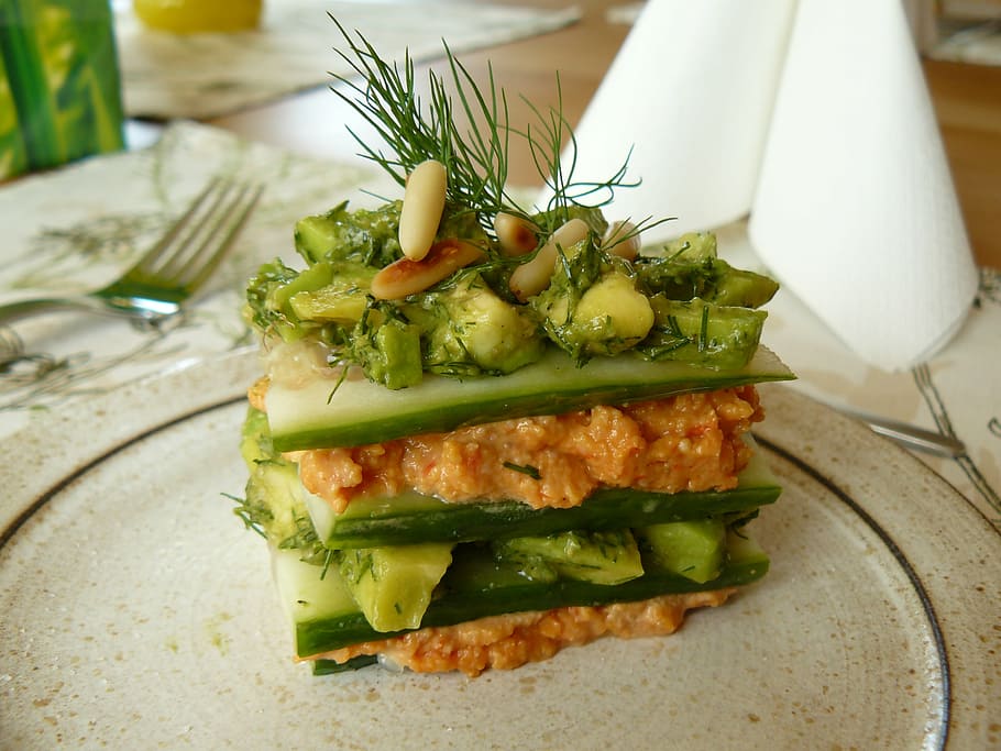 vegetable dish, starter, eat, lasagna, cucumbers, avocado, dill HD wallpaper