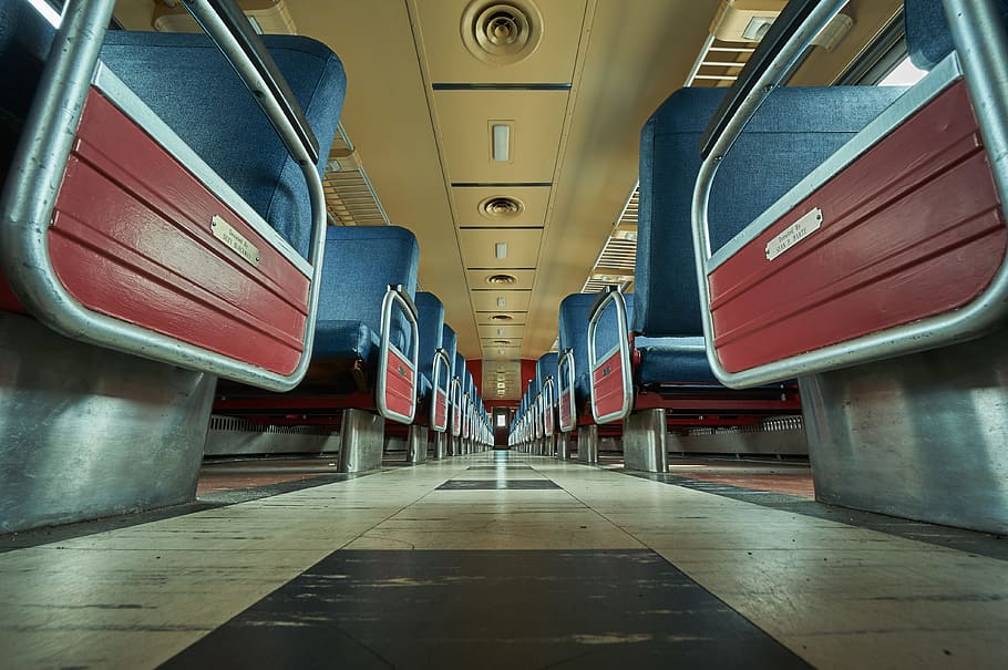 bus interior, photo of gray seat lot, blue and red, train, chair HD wallpaper