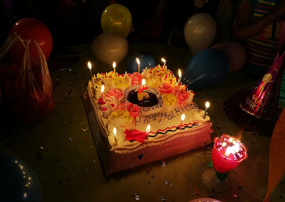 happy birthday, cake, candles, party, birthdays, kids, balloons, HD wallpaper