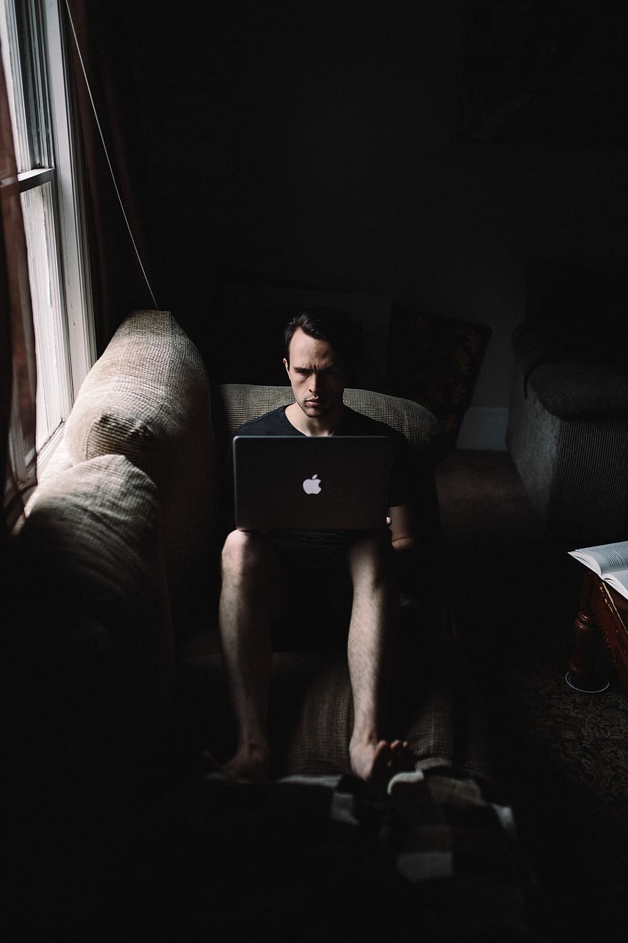 photo of man sitting with MacBook, men, people, indoors, one Person HD wallpaper