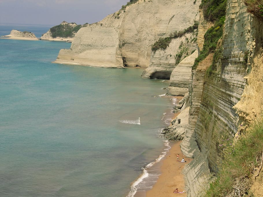coast, cliffs, corfu, greece, sea, beach, water, land, beauty in nature HD wallpaper