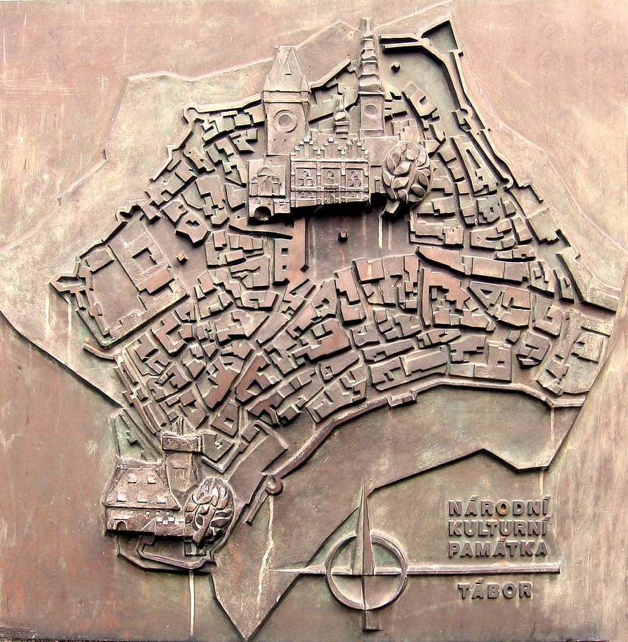 Map, Tabor, Czech Republic, Relief, bronze relief, orientation HD wallpaper
