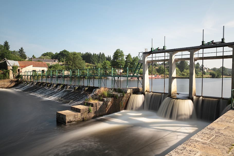 lock, river, channel, nature, water, architecture, sky, tree HD wallpaper