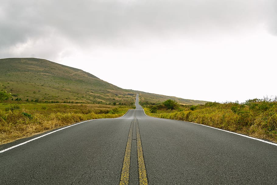 gray pavement between green grass, straight concrete road, hill HD wallpaper