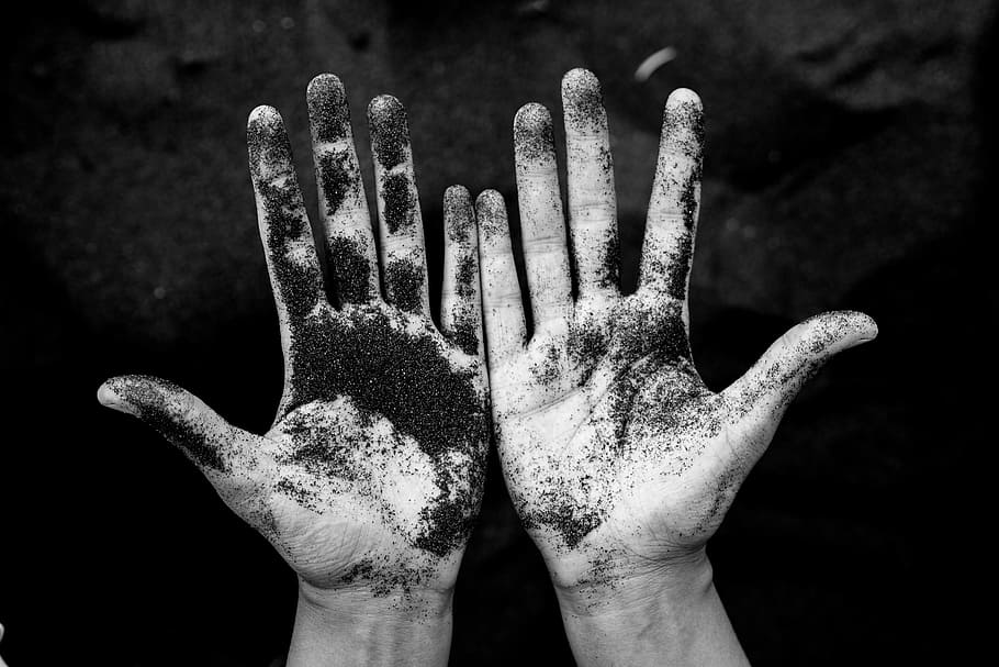 grayscale photo of person's hand, dirty, palm, soil, sand, outdoor HD wallpaper