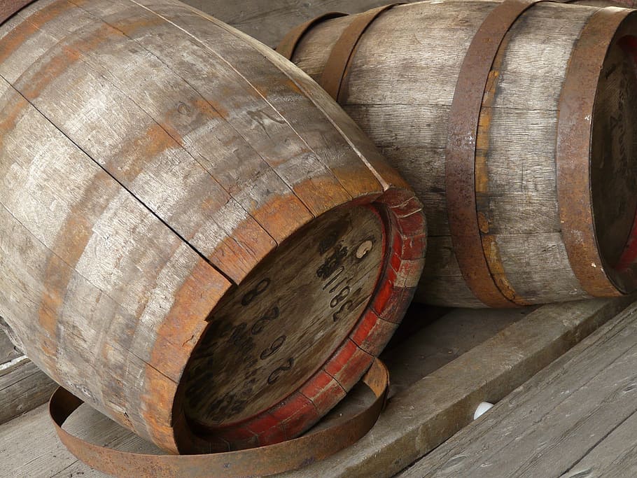 two gray wooden barrels, Container, wine, whisky, cellar, wine cask, HD wallpaper