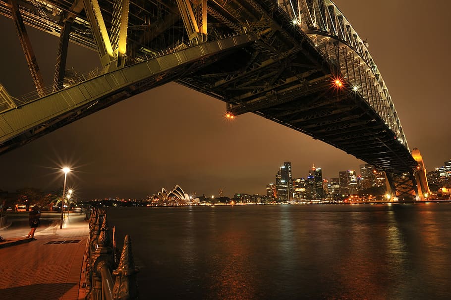 photo of Sydney Opera House during nighttime, suspension bridge during nighttime HD wallpaper