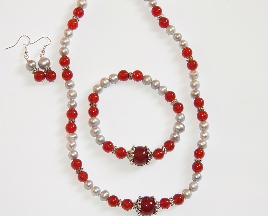 red carnelian, necklace, bracelet, jewelry, woman, gem, earrings, HD wallpaper